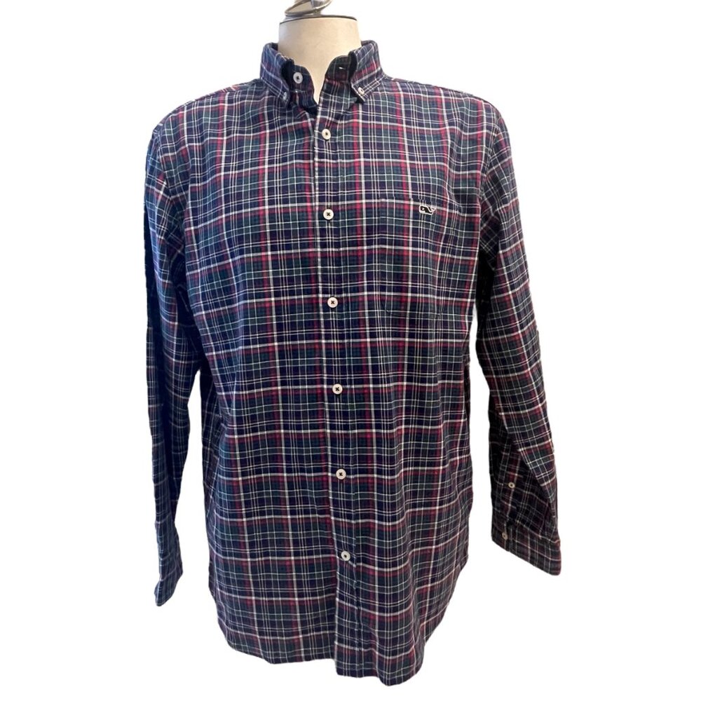 Vineyard Vines Blue Plaid Large Classic Fit Tucker Cotton L/S Pocket Shirt Whale